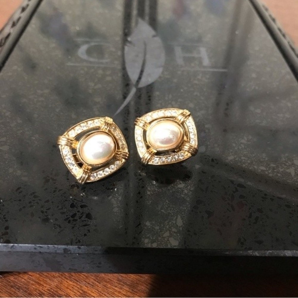Christian Dior Faux Pearl & Rhinestone Clip On Earrings